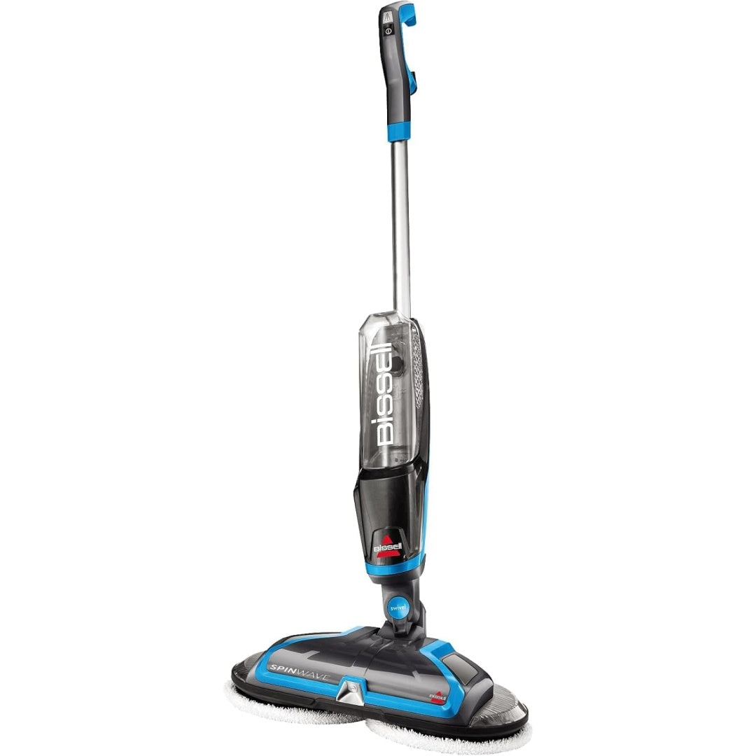 Ce laveur de sols combine une prise en main par poignee et un mouvement rotatif